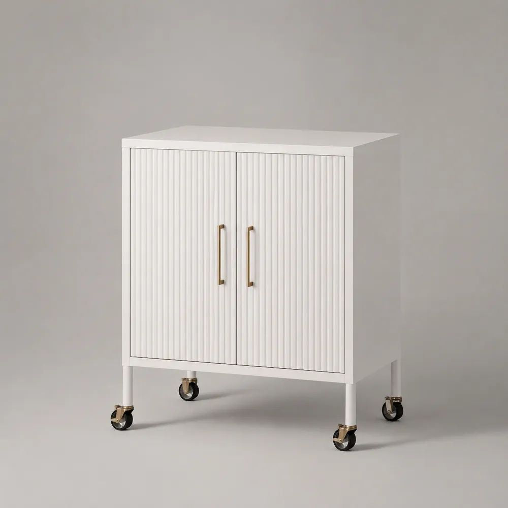 Armadietto contenitore rettangolare in MDF bianco con 2 ante scanalate e 4 ruote, 80 x 40 x 90 cm