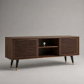 Mobile TV rettangolare in legno con 2 ante scorrevoli, marrone noce, nero e dorato, 160 x 40 x 65 cm