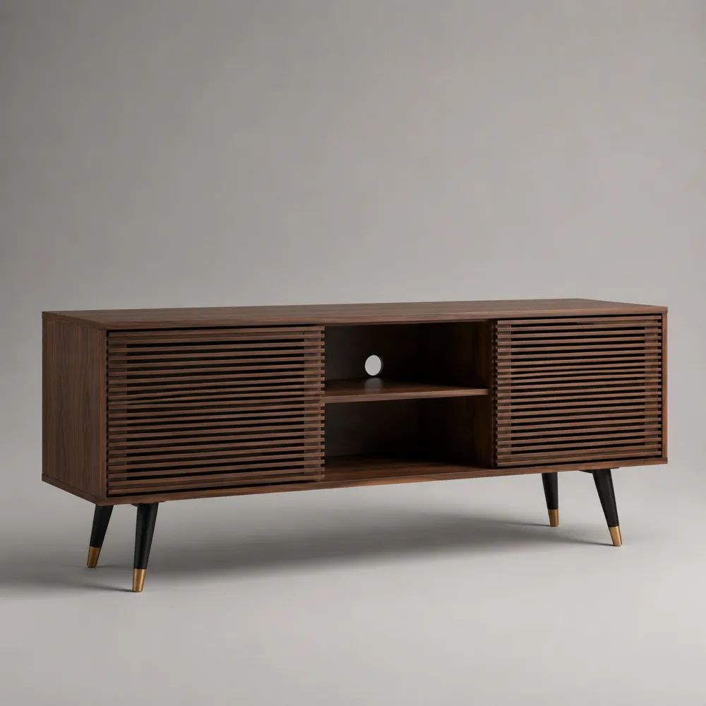 Mobile TV rettangolare in legno con 2 ante scorrevoli, marrone noce, nero e dorato, 160 x 40 x 65 cm