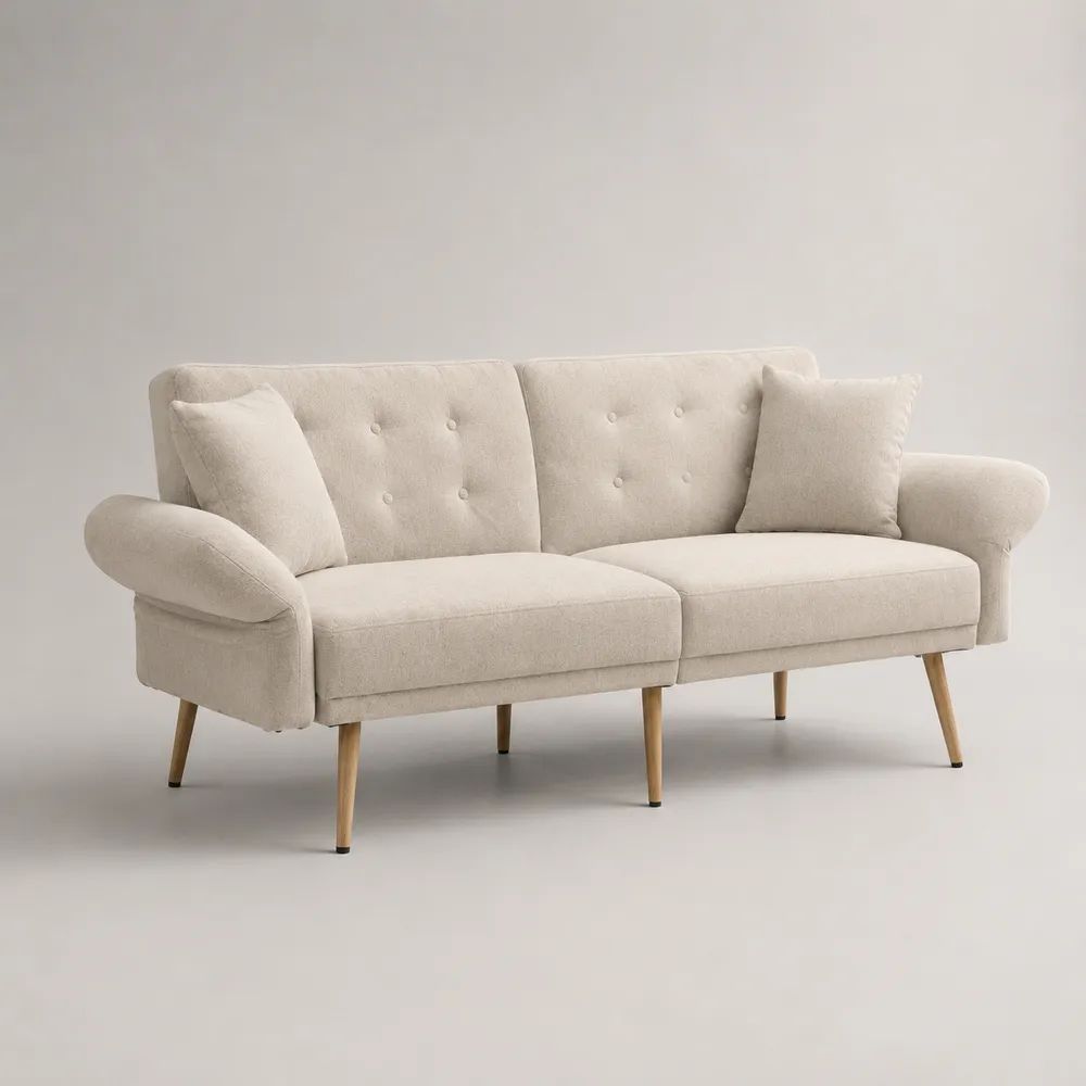 Divano 3 posti in ciniglia di poliestere con 2 cuscini e gambe in legno massello, beige chiaro, 190 x 82 x 84 cm