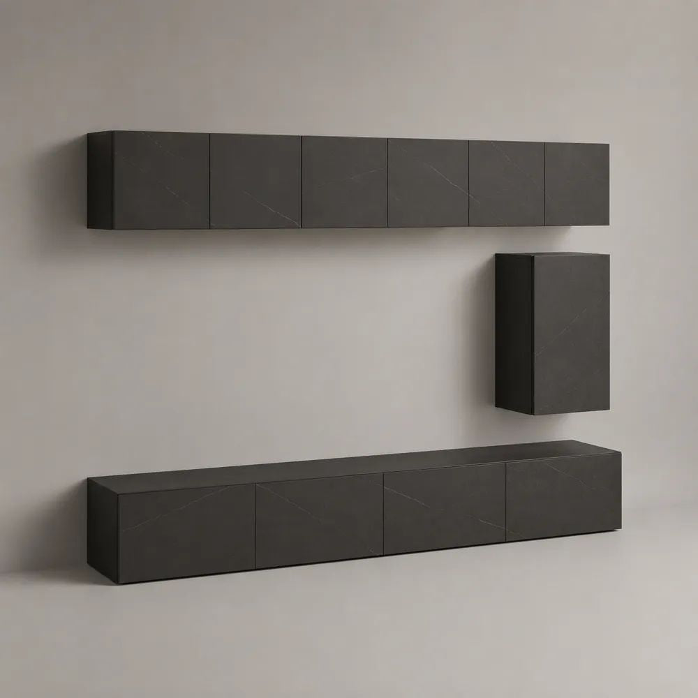 Parete attrezzata TV sospesa in truciolare melaminico grigio antracite, 3 pezzi, 240 x 40 x 40 cm, 225 x 35 x 40 cm e 45 x 35 x 80 cm