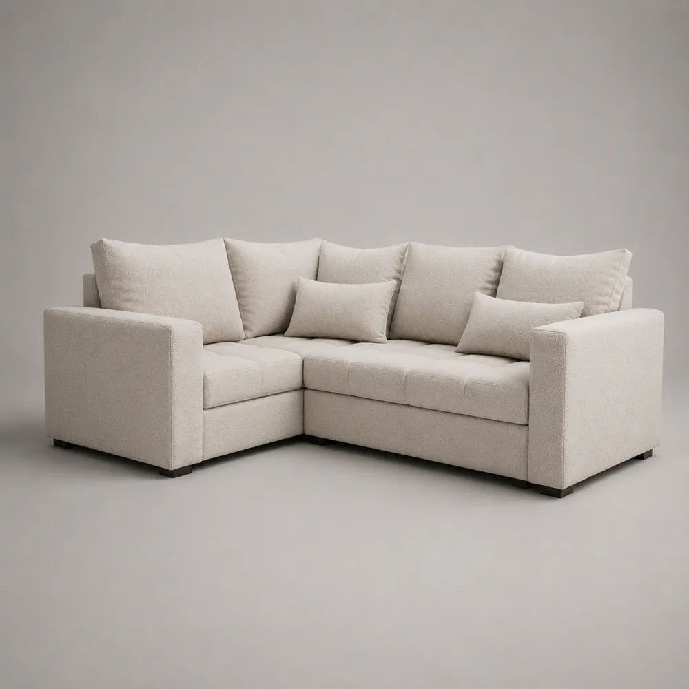 Divano angolare a L 3 posti in poliestere bouclé beige, 220 x 160 x 85 cm