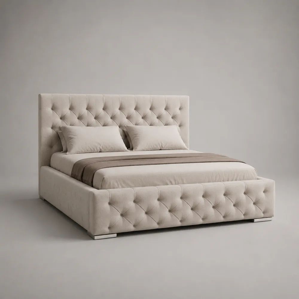 Letto matrimoniale contenitore 160 x 200 cm in velluto beige con testiera e pediera capitonné, 180 x 216 x 120 cm