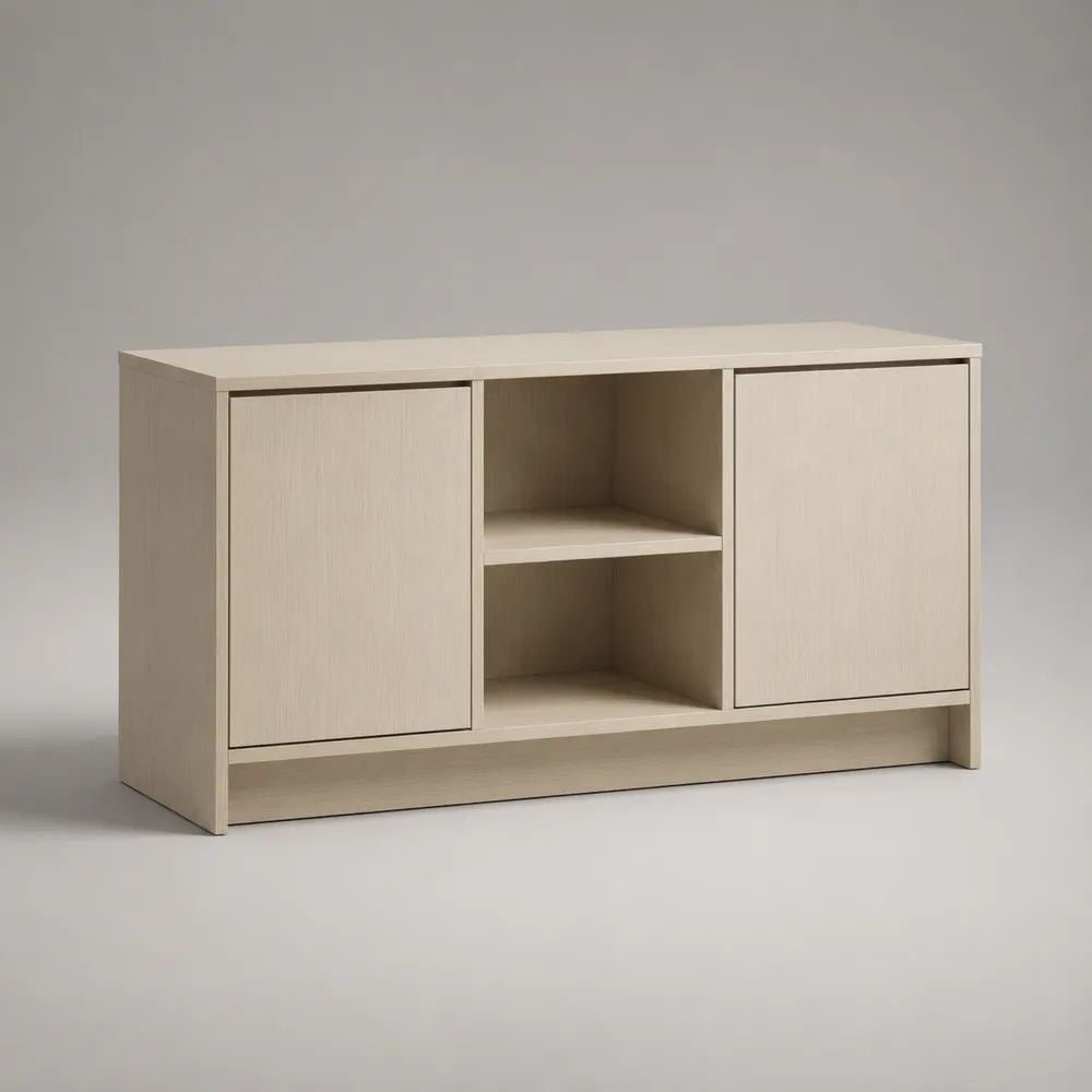 Mobile TV beige chiaro in pannello truciolare con 2 ante e 2 vani aperti, 120 × 40 × 65 cm