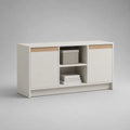Mobile TV rettangolare in pannello truciolare bianco e rovere con 2 ante e 2 vani aperti, 120 x 35 x 70 cm