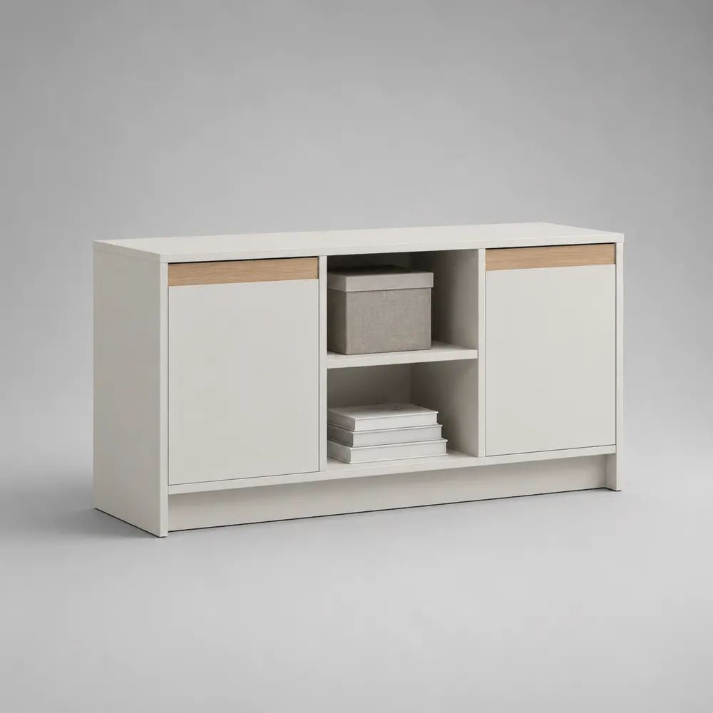 Mobile TV rettangolare in pannello truciolare bianco e rovere con 2 ante e 2 vani aperti, 120 x 35 x 70 cm