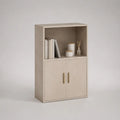 Libreria rettangolare in legno con mobile contenitore a 2 ante, rovere beige e ottone, 70 × 30 × 120 cm