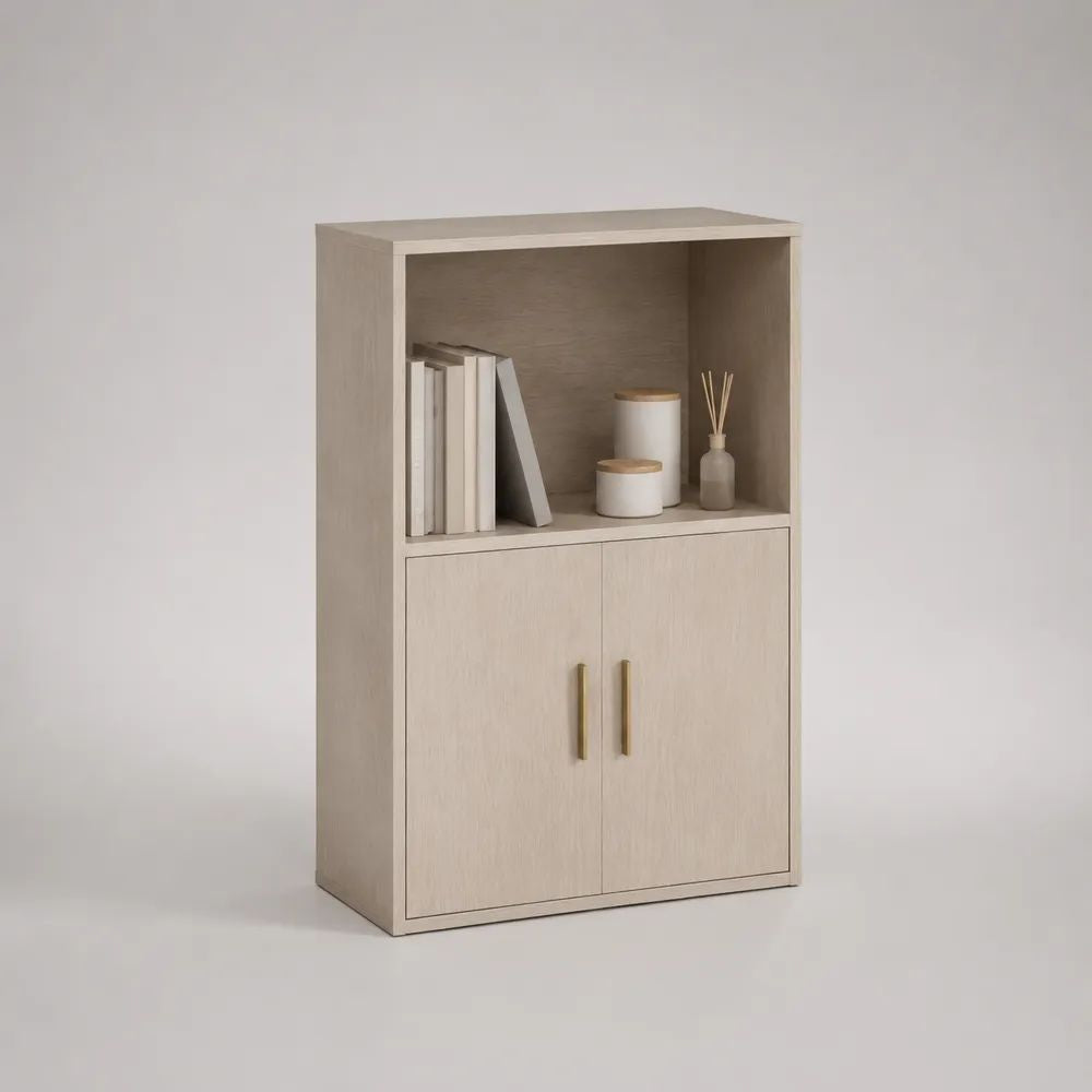 Libreria rettangolare in legno con mobile contenitore a 2 ante, rovere beige e ottone, 70 × 30 × 120 cm