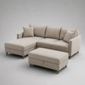 Set divano angolare 3 posti in poliestere beige con chaise longue sinistra 240 x 155 x 88 cm e pouf contenitore 90 x 65 x 45 cm
