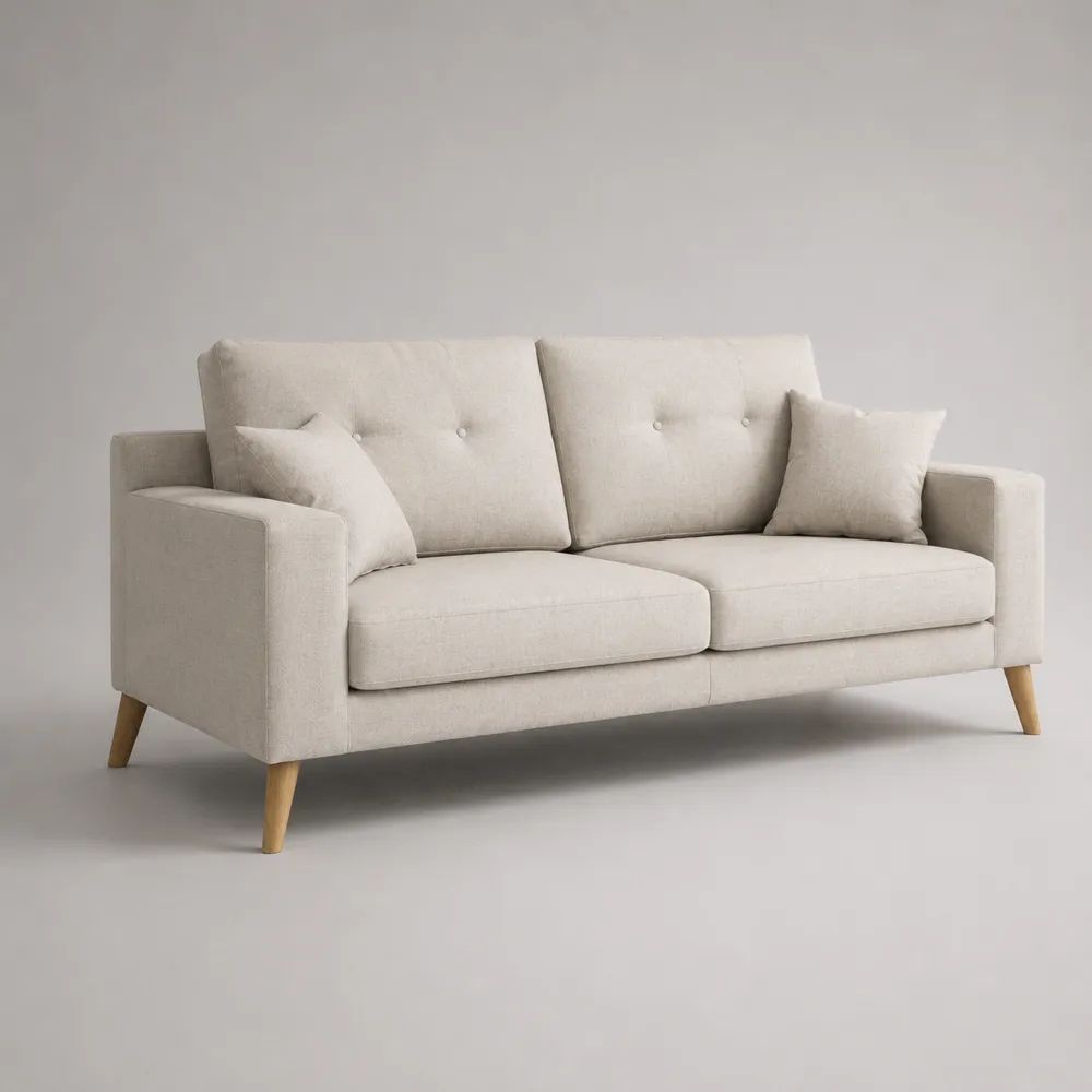 Divano rettangolare 3 posti in tessuto beige chiaro con gambe in legno massello, 190 × 82 × 84 cm