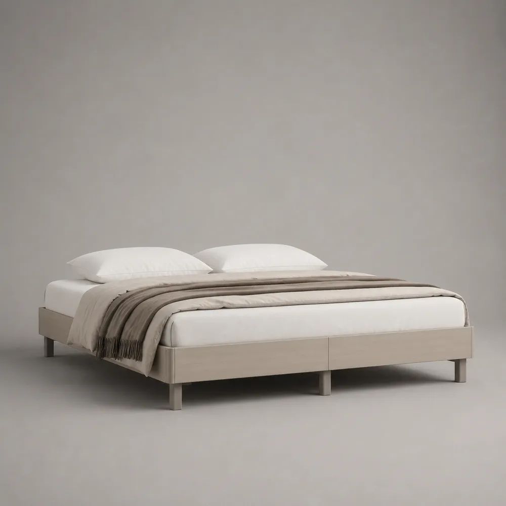 Letto matrimoniale imbottito senza testiera in legno e tessuto beige, per materasso 160 × 200 cm