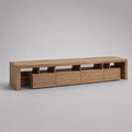 Mobile TV basso rettangolare in MDF impiallacciato rovere naturale con 4 cassetti e vani aperti, 240 x 40 x 60 cm