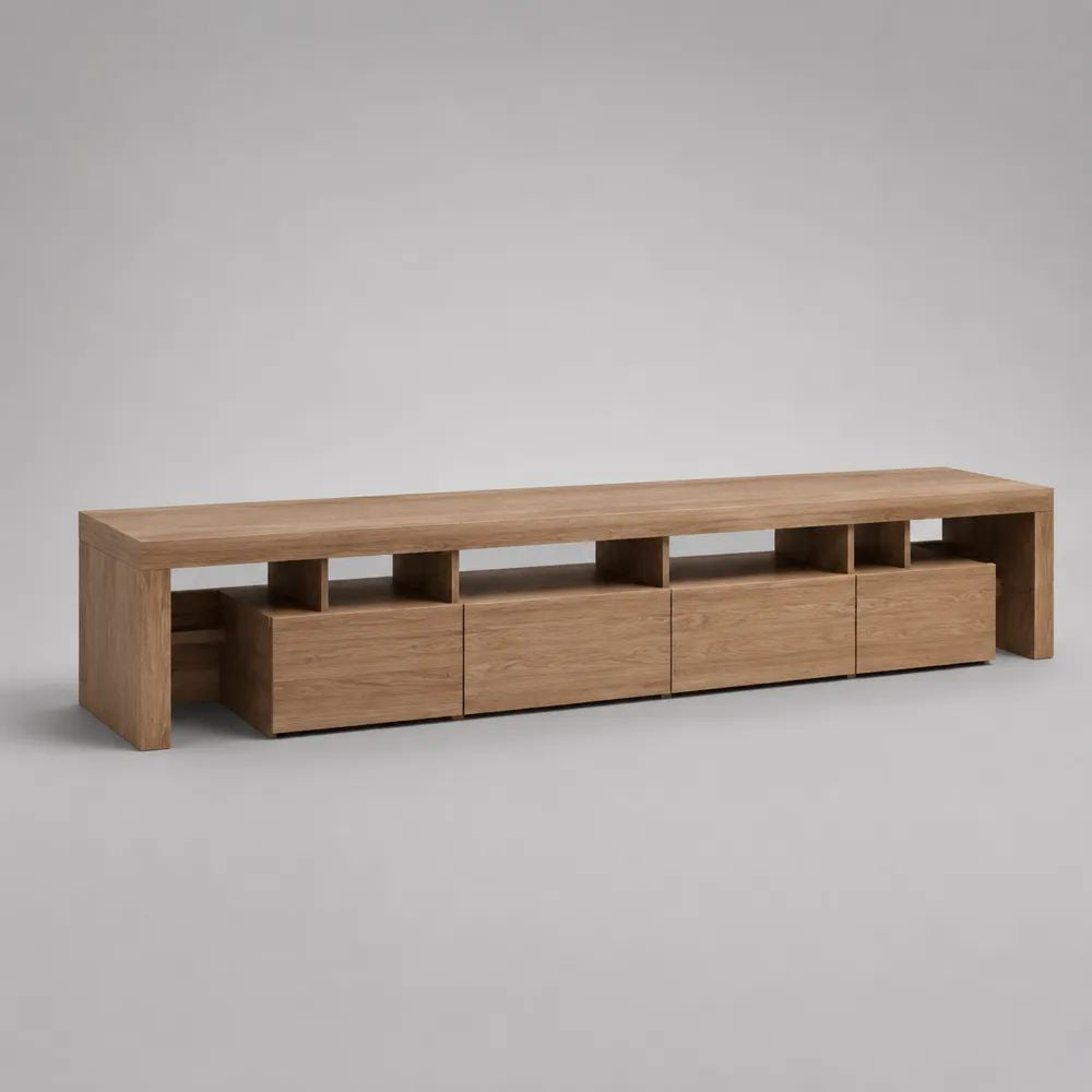 Mobile TV basso rettangolare in MDF impiallacciato rovere naturale con 4 cassetti e vani aperti, 240 x 40 x 60 cm