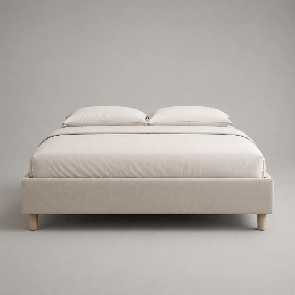Letto matrimoniale imbottito beige 160 x 200 cm in poliestere con rete a doghe e piedi in faggio