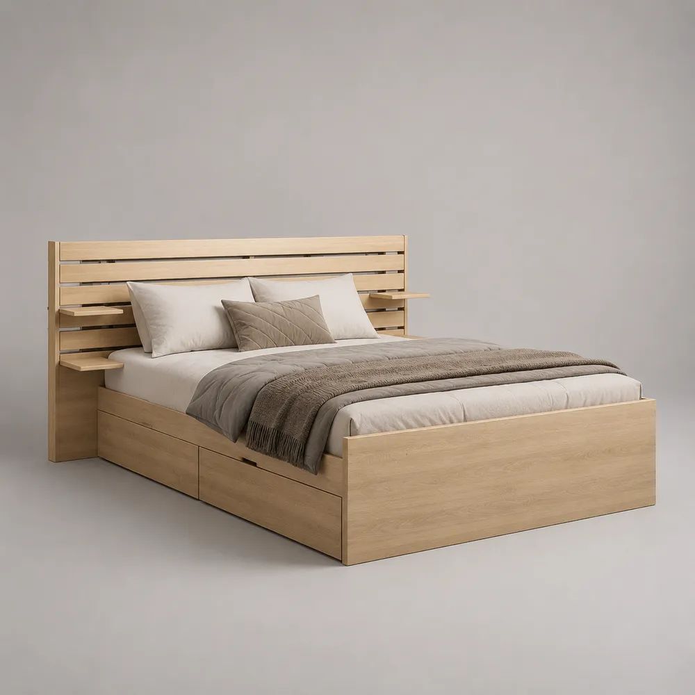 Letto matrimoniale contenitore in MDF effetto rovere naturale con 4 cassetti, testiera a listelli e 4 mensole, 180 × 220 × 120 cm, per materasso 160 × 200 cm
