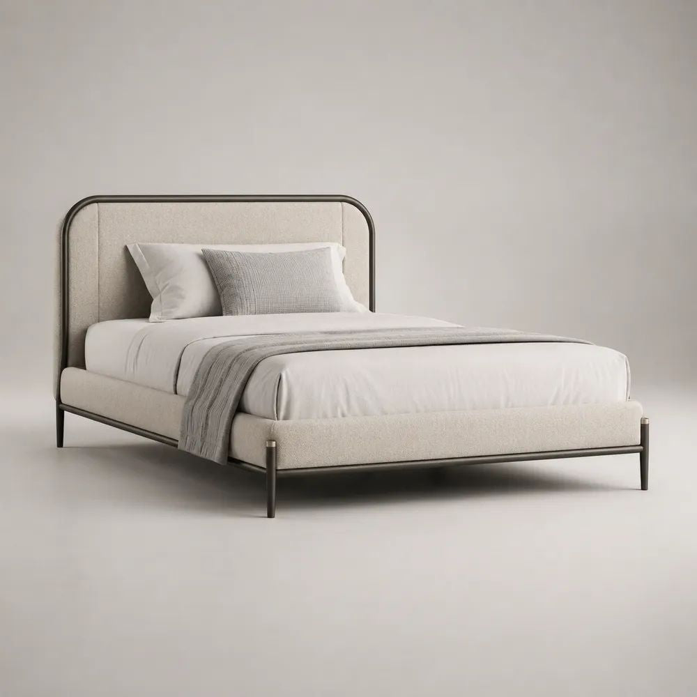 Letto matrimoniale imbottito 160 x 200 cm in acciaio e tessuto bouclé crema con testiera