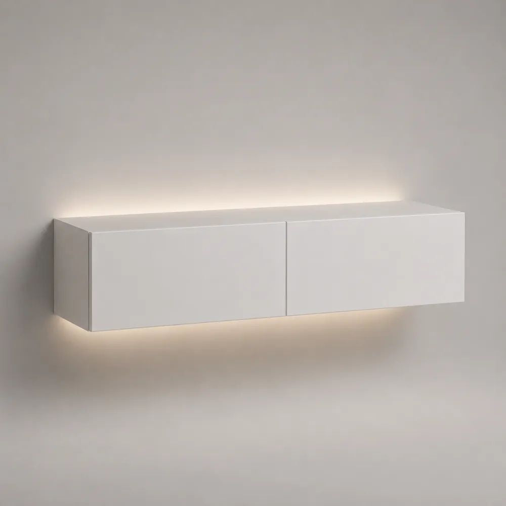Mobile TV sospeso rettangolare bianco opaco con 2 ante e illuminazione LED, 140 x 35 x 40 cm