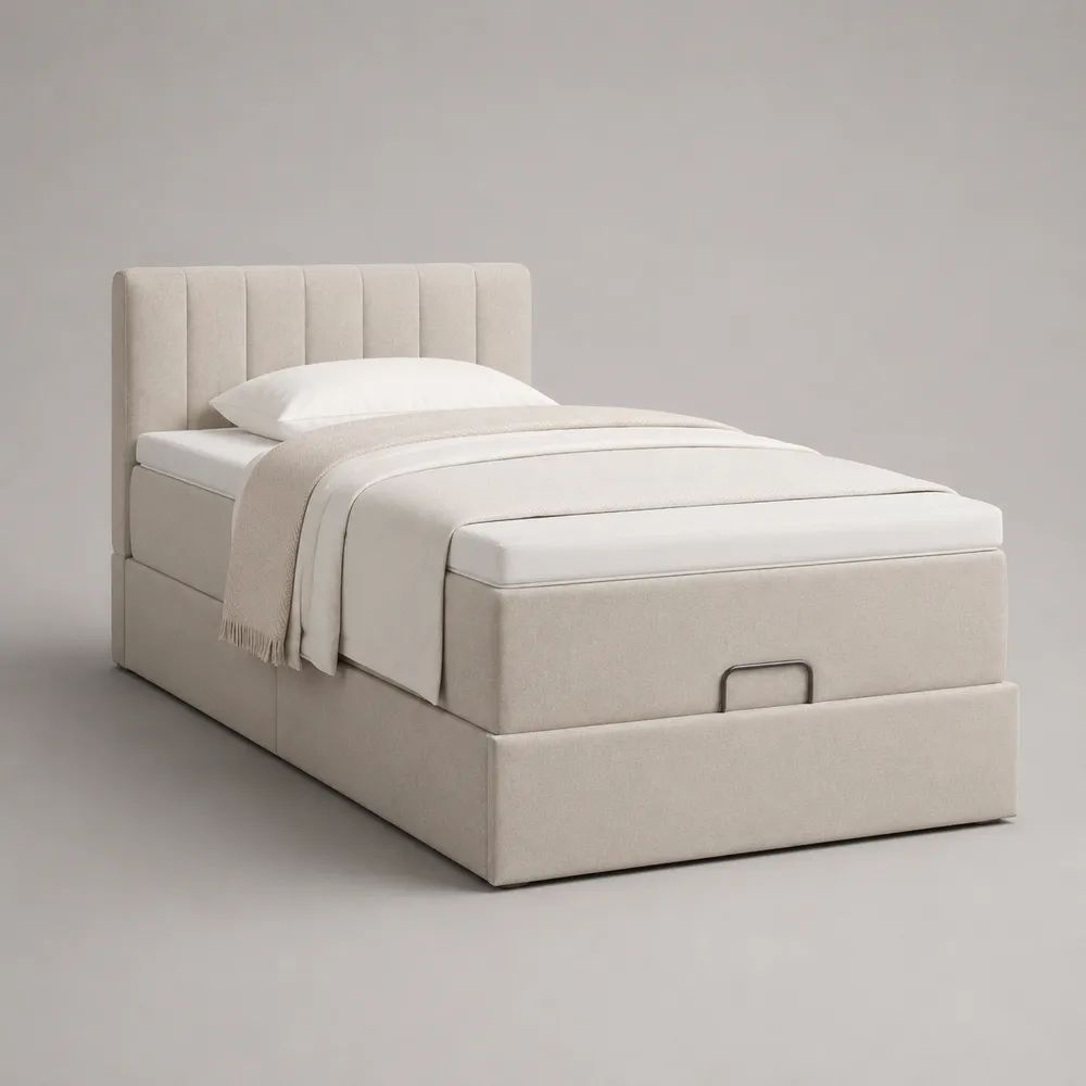 Letto singolo contenitore imbottito in tessuto beige con rete a doghe 90 × 200 cm, dimensioni 105 × 214 × 110 cm