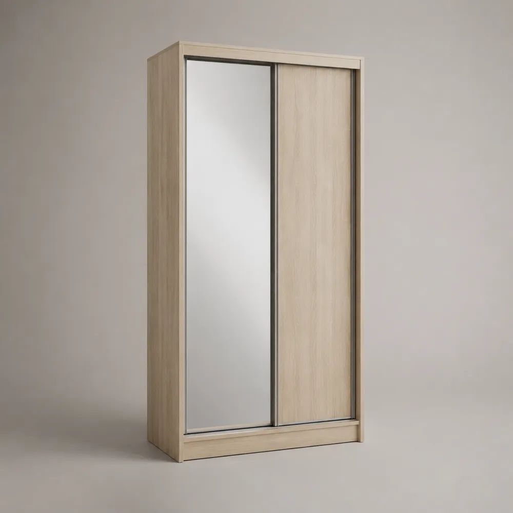 Armadio guardaroba in truciolare melaminico rovere chiaro con 2 ante scorrevoli e specchio, 100 x 52 x 180 cm
