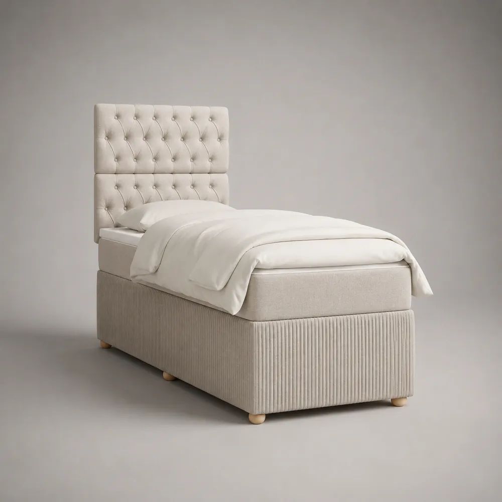 Letto singolo imbottito 90 × 200 cm in tessuto beige con testiera capitonné e rete a doghe