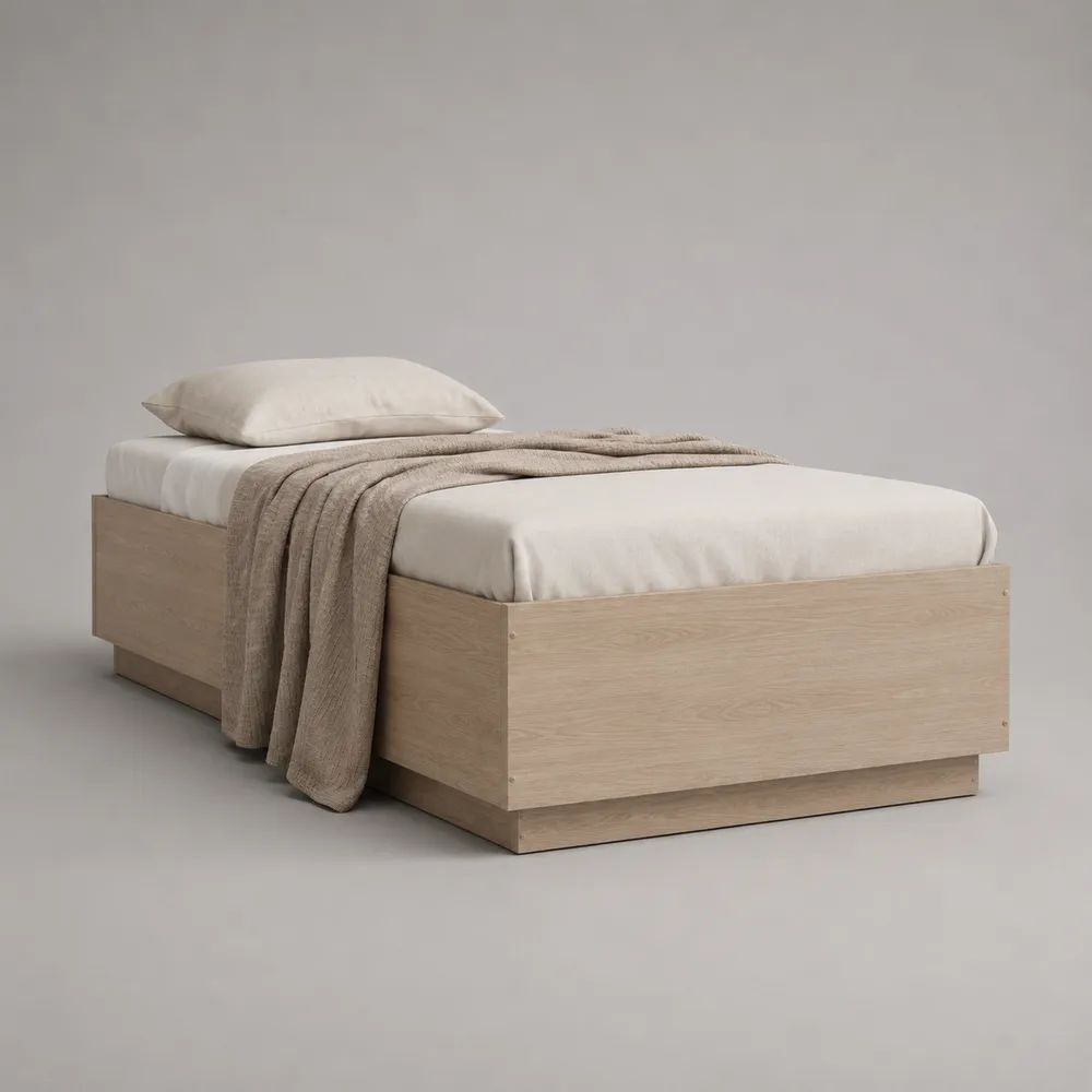 Letto singolo 90 x 200 cm in pannello truciolare melaminico rovere chiaro, 204 x 94 x 45 cm, con base a zoccolo
