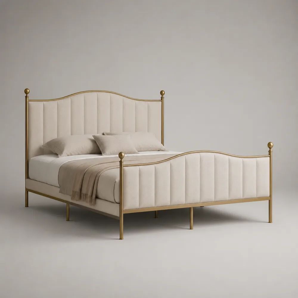 Letto matrimoniale imbottito 160 x 200 cm in velluto beige con struttura in acciaio dorato