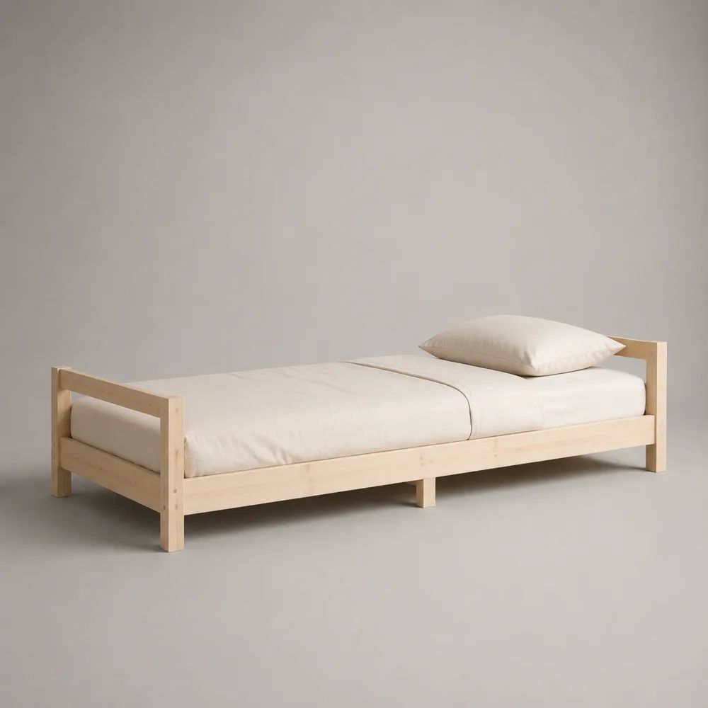 Letto singolo 90 x 190 cm in legno naturale con rete a doghe, struttura rettangolare, 200 x 99 x 68 cm