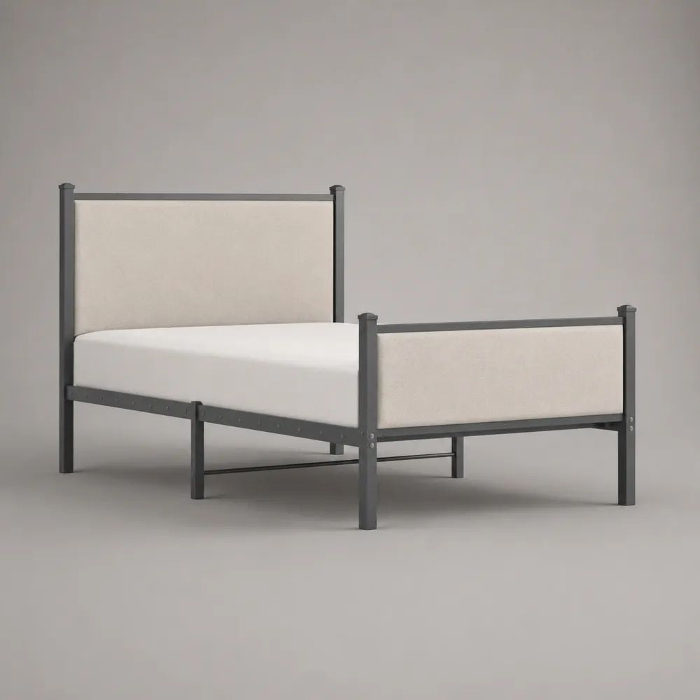 Letto singolo in acciaio 90 x 200 cm con testiera e pediera imbottite, grigio antracite e beige