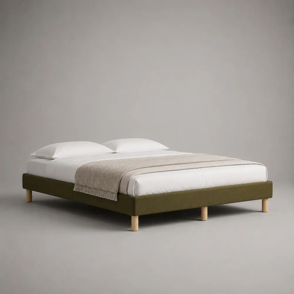 Letto matrimoniale imbottito senza testiera verde oliva, rete a doghe 160 x 200 cm, dimensioni 168 x 208 x 36 cm