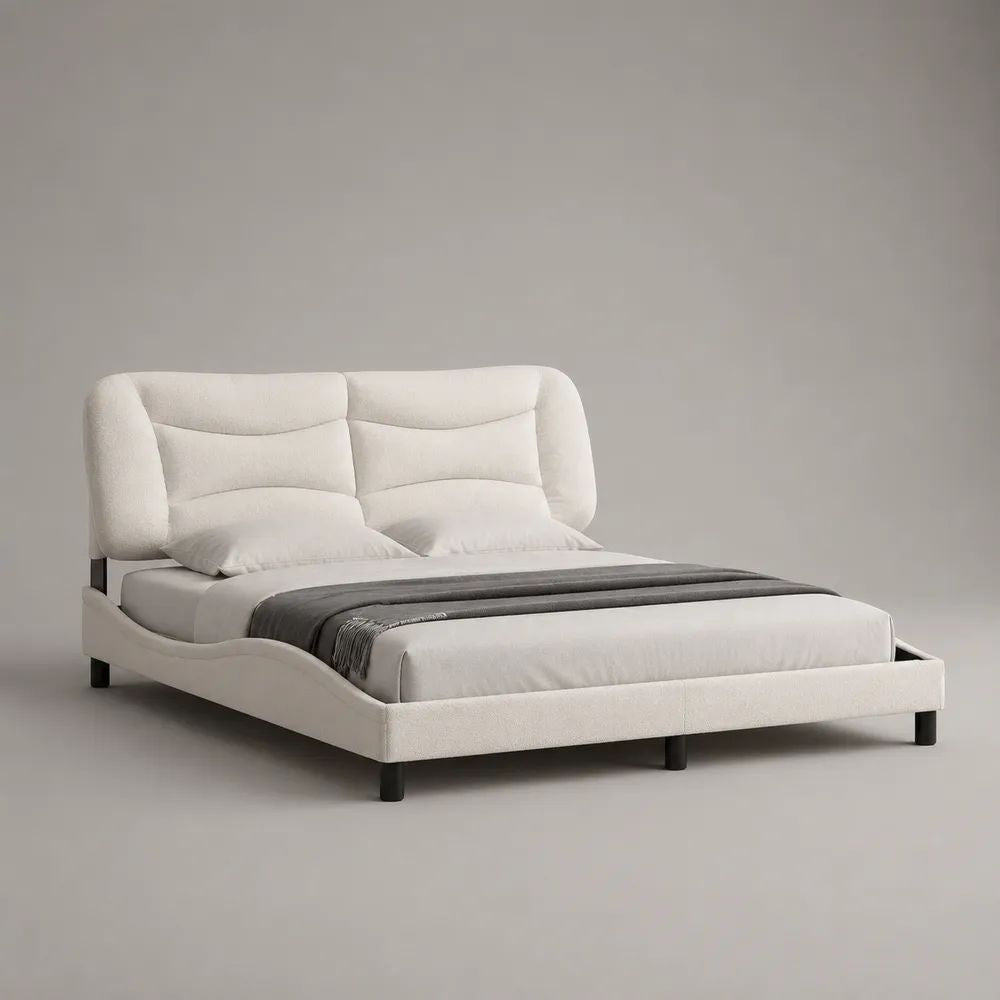 Letto matrimoniale imbottito 160 x 200 cm in tessuto bouclé bianco con testiera trapuntata e gambe nere