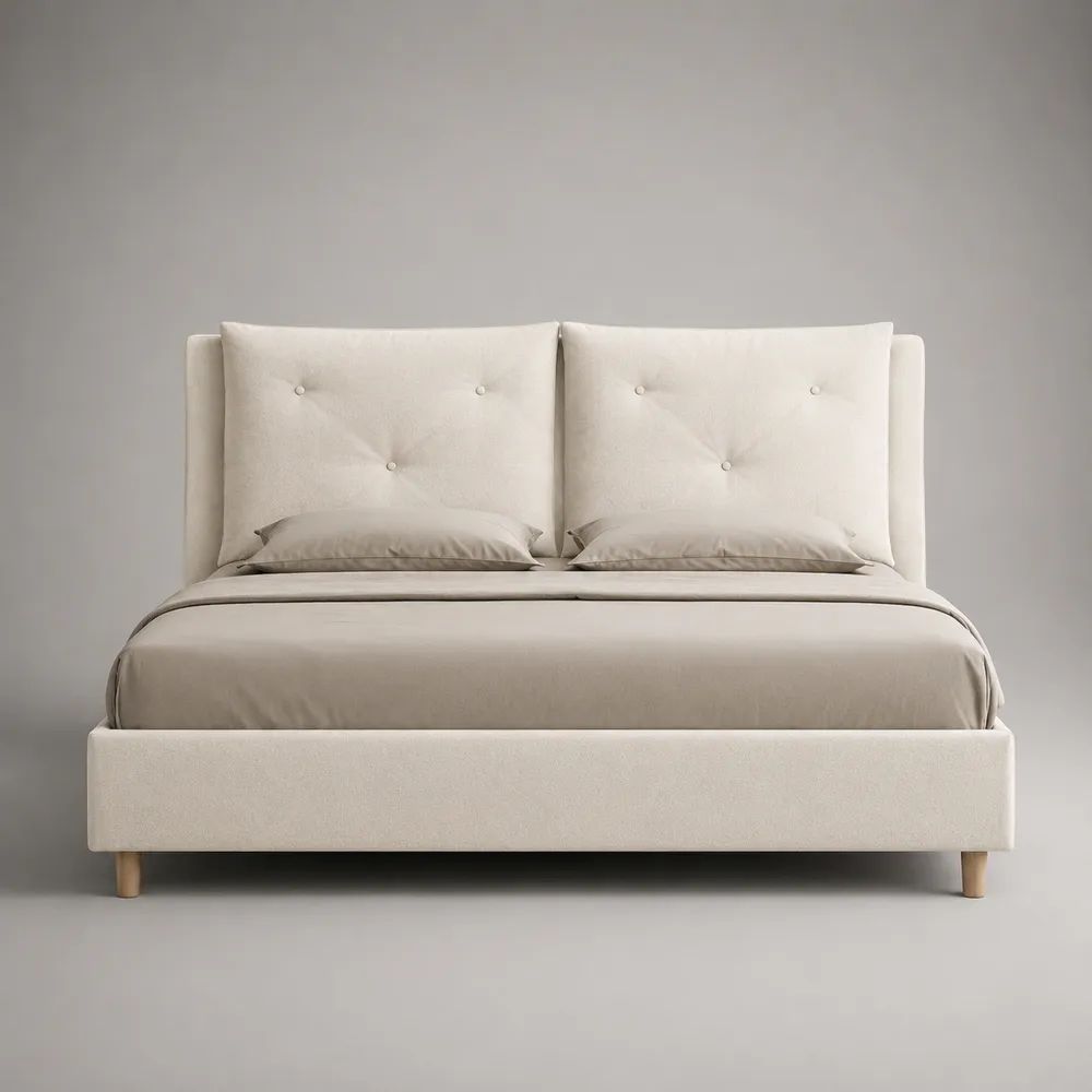 Letto matrimoniale imbottito beige con testiera trapuntata e rete a doghe, per materasso 160 × 200 cm, 182 × 218 × 120 cm