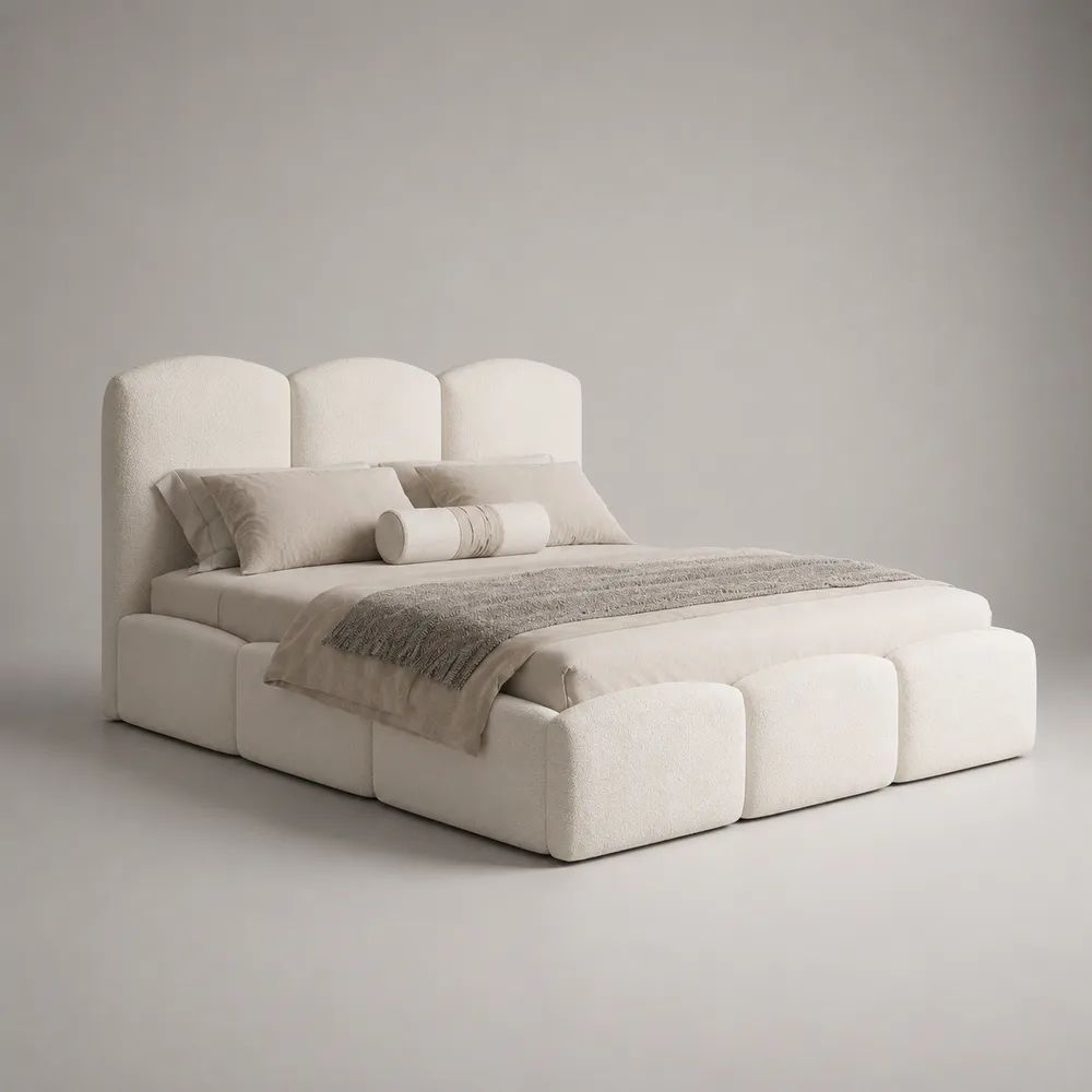 Letto matrimoniale contenitore 160 x 200 cm in tessuto bouclé bianco panna con testiera imbottita tripartita, 230 x 190 x 120 cm