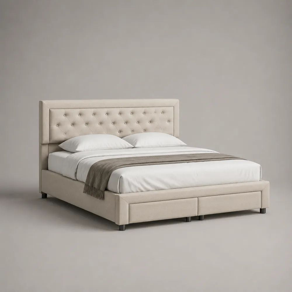 Letto matrimoniale imbottito con contenitore 160 x 200 cm, 2 cassetti e testiera capitonné, beige chiaro