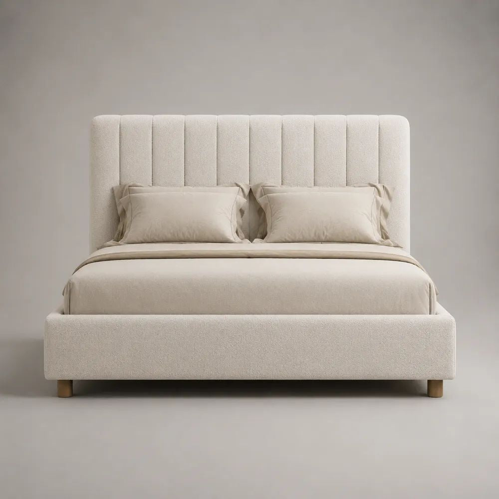 Letto matrimoniale contenitore 160 x 200 cm in tessuto bouclé crema con testiera imbottita