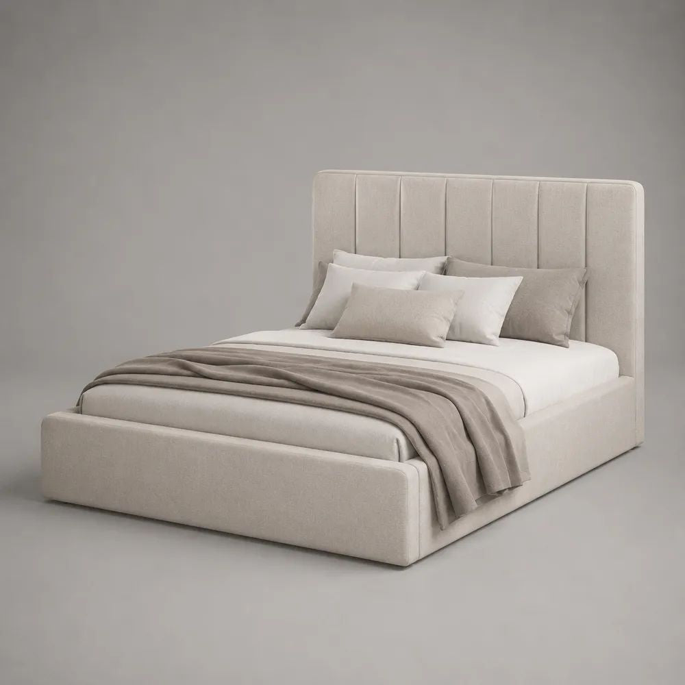 Letto matrimoniale imbottito beige 220 x 180 x 120 cm con testiera a pannelli verticali e rete 160 x 200 cm