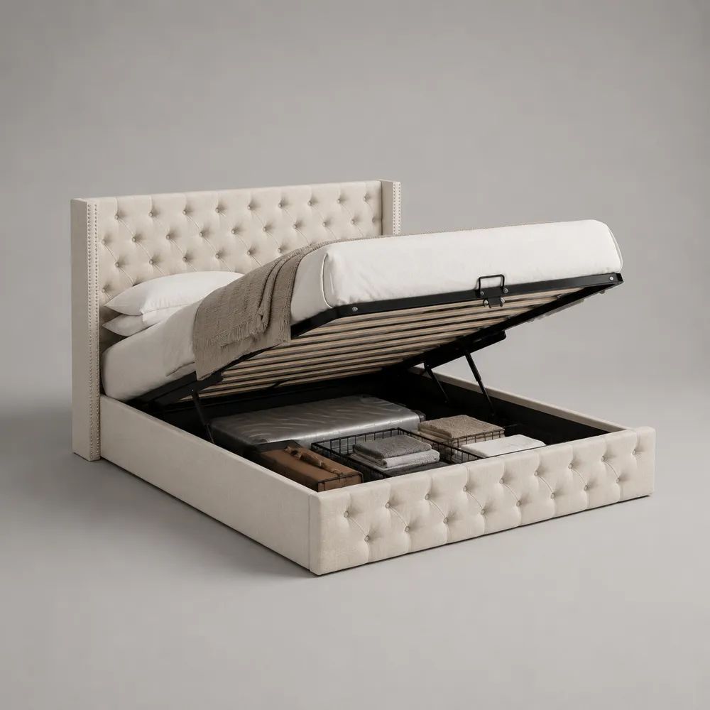 Letto matrimoniale contenitore 160 x 200 cm in velluto crema con struttura in legno e metallo, rete a doghe e testiera capitonné, 176 x 216 x 120 cm
