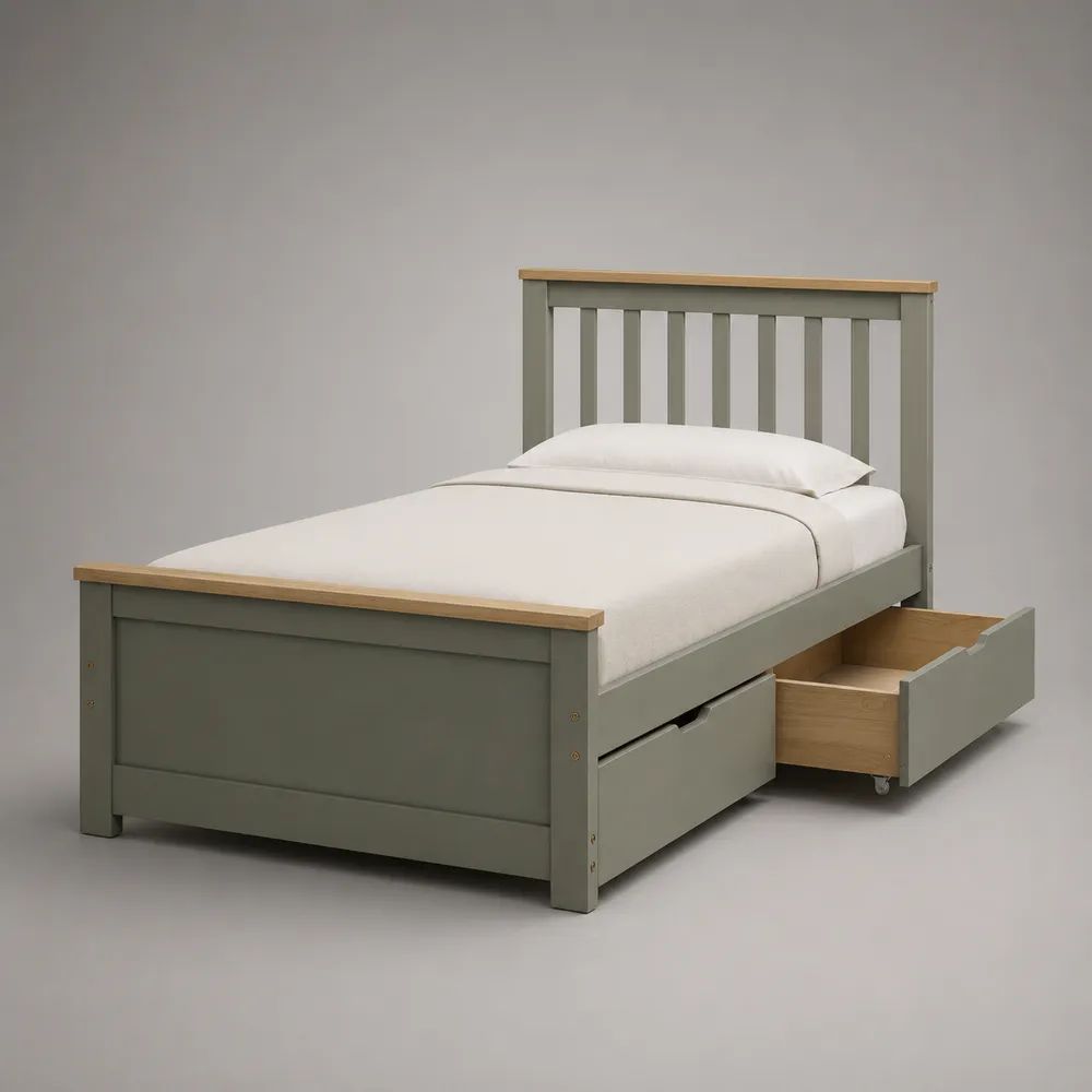 Letto singolo con 2 cassetti in pino massello e MDF, grigio salvia e naturale, 202 x 101 x 110 cm, per materasso 90 x 190 cm