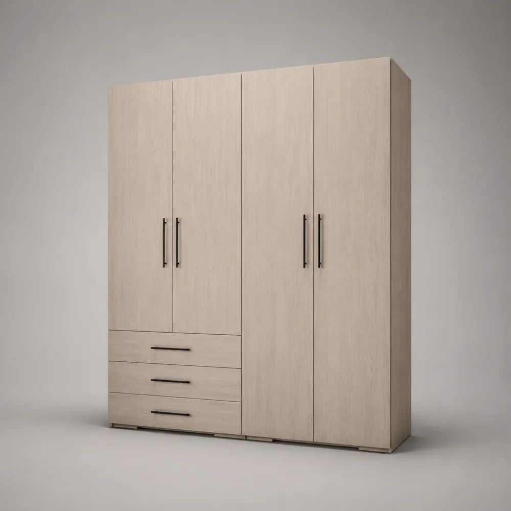 Armadio guardaroba rettangolare in legno rovere chiaro e nero, 4 ante e 3 cassetti, 160 x 52 x 210 cm