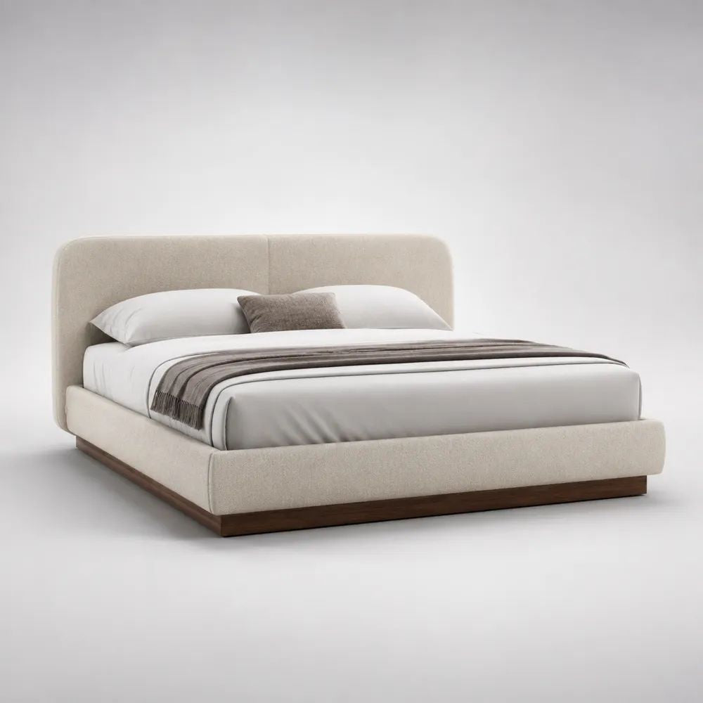 Letto matrimoniale imbottito 160 x 200 cm in poliestere beige con testiera arrotondata e base effetto noce marrone
