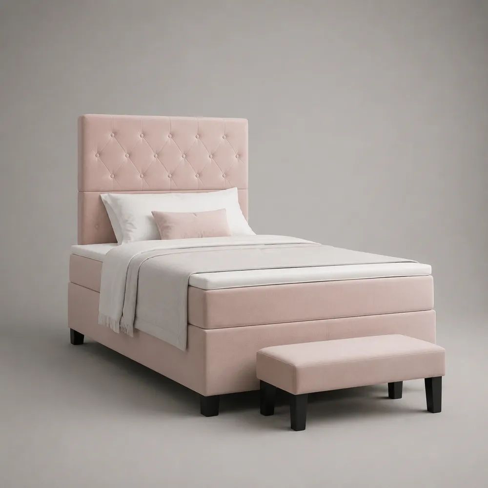 Letto singolo imbottito in velluto rosa cipria 108 x 215 x 125 cm, per materasso 90 x 200 cm, con panca 90 x 40 x 42 cm