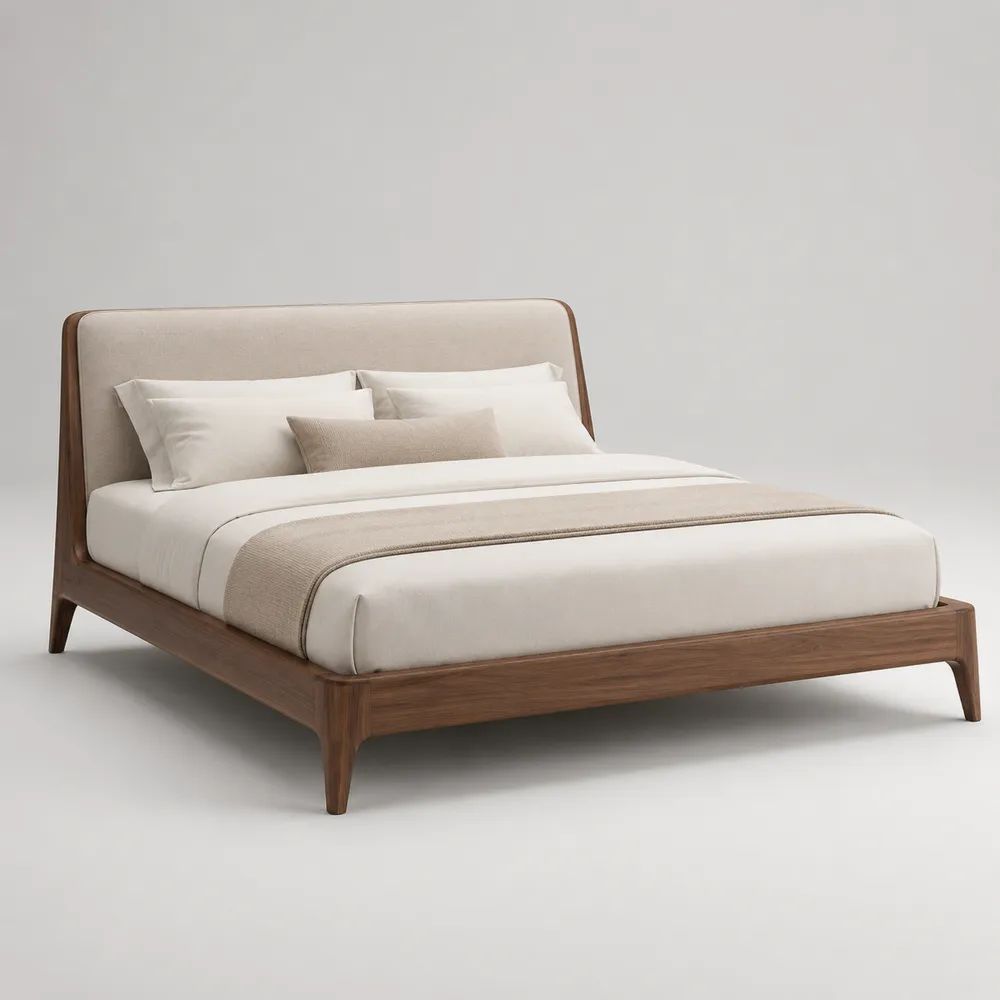 Letto matrimoniale 180 x 200 cm in legno marrone noce con testiera imbottita beige